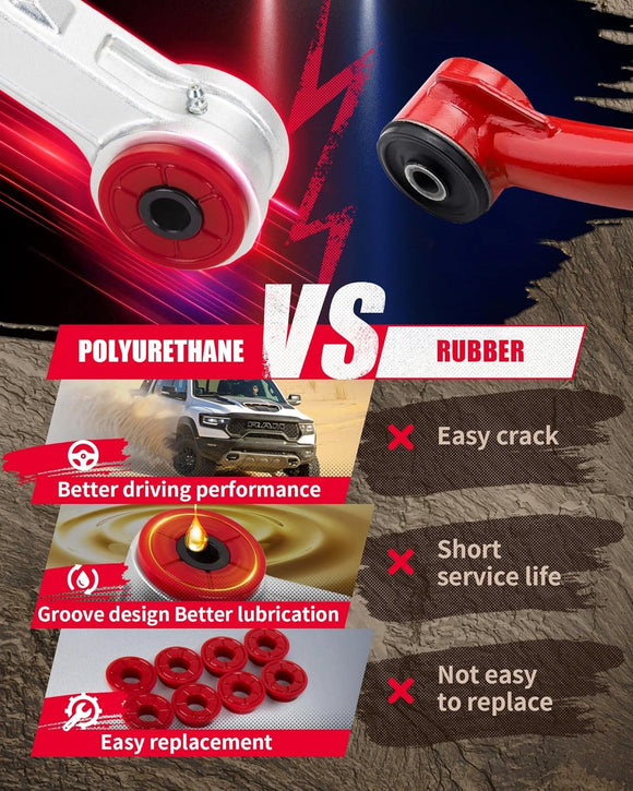Comparison between polyurethane and rubber bushings with visual elements and text.