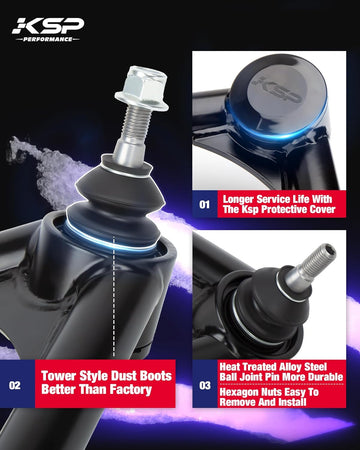 KSP control arm advantages: tower style dust boots, long service life, heat treated alloy steel and easy to install