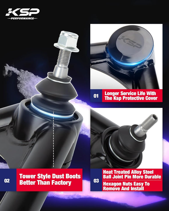 KSP control arm advantages: tower style dust boots, long service life, heat treated alloy steel and easy to install