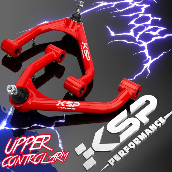 KSP Performance red upper control arm on a black background with brand logo.