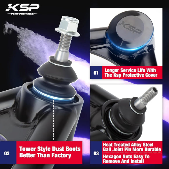 KSP control arm advantages: tower style dust boots, long service life, heat treated alloy steel and easy to install