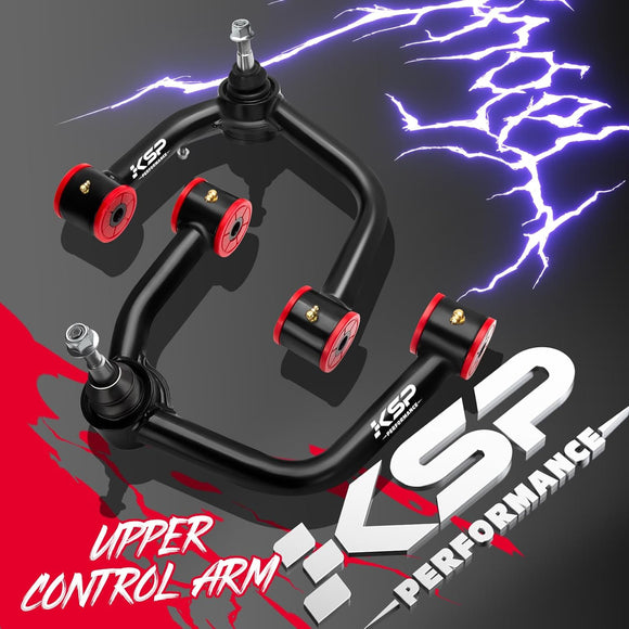 KSP Performance upper control arm with red accents on a dark background