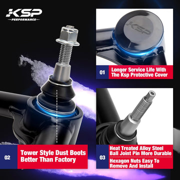 KSP control arm advantages: tower style dust boots, long service life, heat treated alloy steel and easy to install