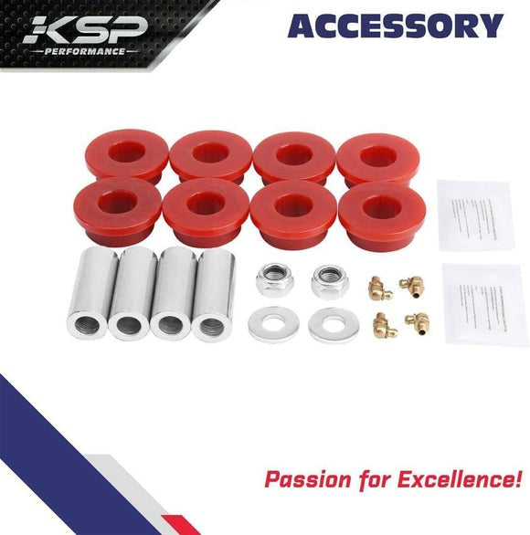 KSP Performance control arm accessory kit with red bushes, silver tubes, and bolts