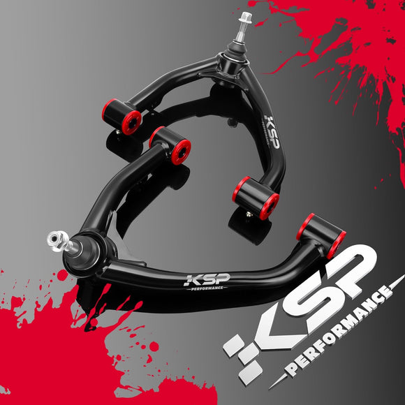 KSP Performance black upper control arm on a black background with brand logo.