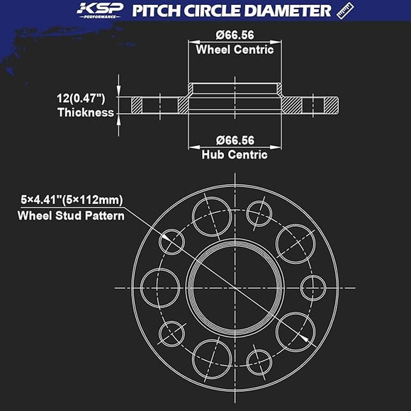 KSP Wheel Spacer for Audi size
Thickness:12mm
Wheel Centric: 66.56mm
Wheel Stud Pattern:5×112mm