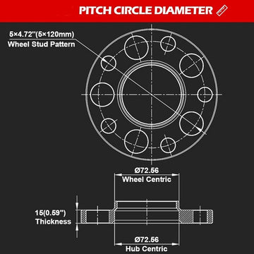 KSP Wheel Spacers for BMW size
wheel stud pattern: 5×120mm
wheel centric: 72.56mm
thickness: 15mm
hub centric: 72.56mm