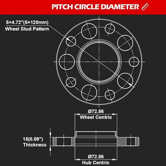 KSP Wheel Spacers for BMW size
wheel stud pattern: 5×120mm
wheel centric: 72.56mm
thickness: 15mm
hub centric: 72.56mm