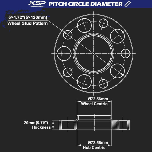KSP Wheel Spacers for BMW size
wheel stud pattern: 5×120mm
wheel centric: 72.56mm
thickness: 20mm
hub centric: 72.56mm