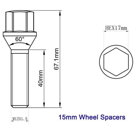 KSP Bolts for BMW size
M12×1.5 15mm wheel spacers, hex17mm