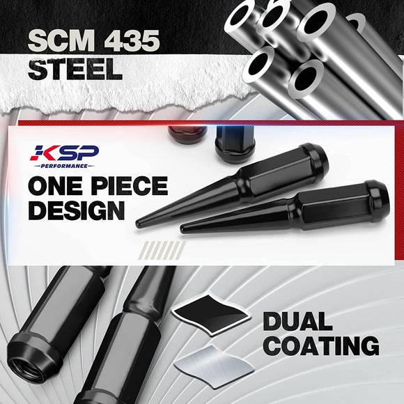 KSP Spike Lug Nuts built with high-strength SCM 435 steel, corrosion-resistant dual coating, and a secure one-piece forged structure