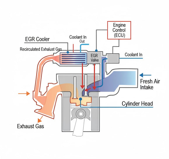 Technical diagram of a diesel engine's Exhaust Gas Recirculation (EGR) system, illustrating gas flow, EGR cooler, EGR valve, and ECU control, explaining the function of OEM components and the purpose of an EGR delete kit for 6.6L Duramax