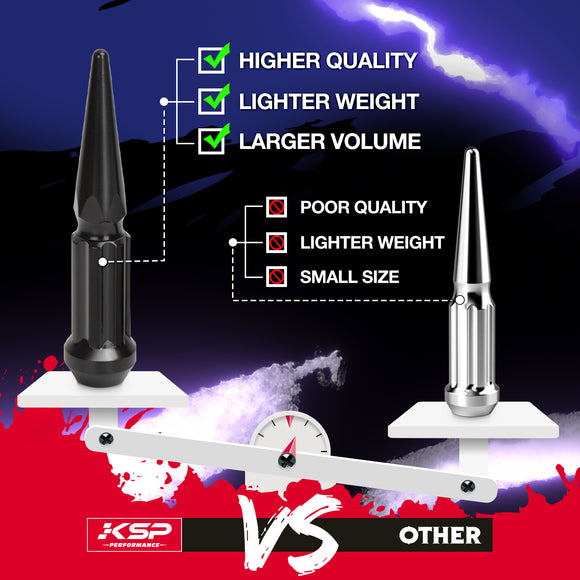 Side-by-side comparison of KSP black 5-inch spike lug nut and a generic silver lug nut. KSP version features higher quality, lighter weight aluminum-steel construction, and larger size for heavy-duty trucks, highlighted by green checkmarks. Generic version shows poor quality, smaller size, and lower weight, marked with red Xs. A tilted scale at the bottom visually favors the KSP product, with bold 'KSP vs Other' branding.
