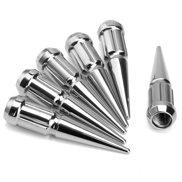 Set of chrome spike lug nuts with threaded base and sharp conical tips, designed for trucks or SUVs. Features a 6-spline design for secure installation.
