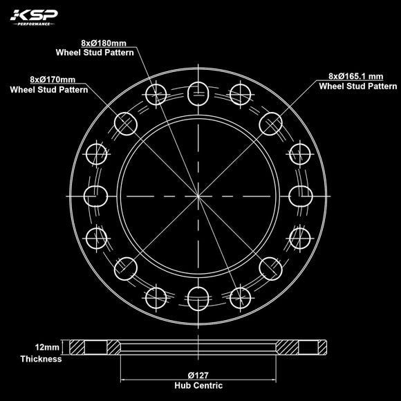 KSP 12mm Universal Wheel Spacers 8x165.1mm 8x170mm 8x180mm for Ford Dodge Chevy