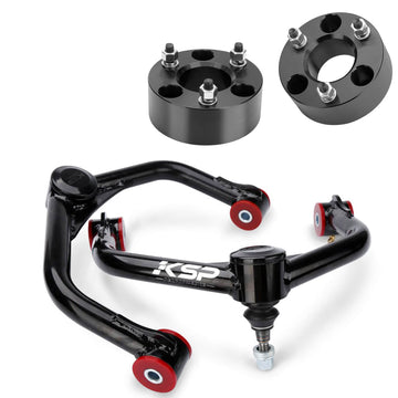A set of black upper control arms for 2006-2024 Dodge Ram 1500 4WD with 3" front lift kits, including metal brackets and poly bushings.
