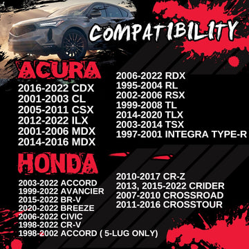 Compatibility chart for KSP Performance wheel spacers, listing compatible Acura and Honda models like CR-V, Civic, MDX, and TLX from 1991-2022