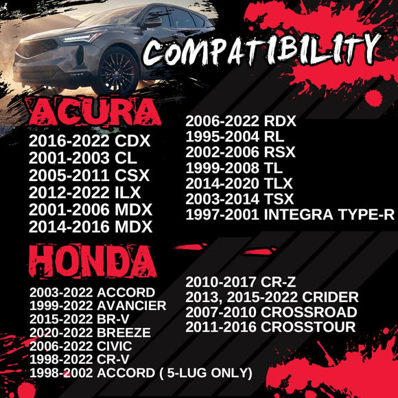 Compatibility chart for KSP Performance wheel spacers, listing compatible Acura and Honda models like CR-V, Civic, MDX, and TLX from 1991-2022