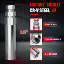 Lug nut socket made from CR-V steel, measuring 3.87 inches in length. Features triple hex compatibility (14mm, 17mm, 19mm/3/4"), M12x1.5 thread, and 6-spline internal design for secure fitment.