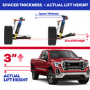lift kit with spacer thickness and actual lift height measurements, and a red truck with 2.5-inch lift shown.