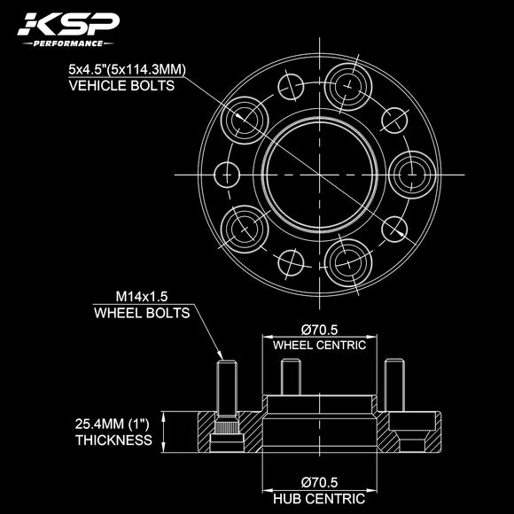 2015-2022 Ford Mustang 1" Hubcentric 5X4.5 Wheel Spacers 25MM 14X1.5