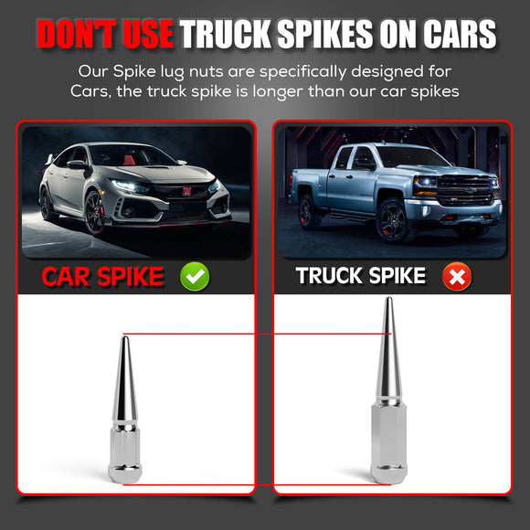 Comparison between car and truck spike lug nuts. The image advises against using truck spikes on cars, showing a smaller car spike fitted on a sedan with a green check, and a longer truck spike shown on a pickup with a red X. Text explains that truck spikes are longer and not suitable for cars.