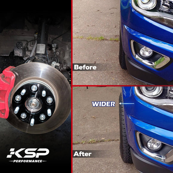 Visual demonstration of a car's improved aggressive stance and increased tire clearance after installing 25mm wheel spacers, compared to the "before" state.