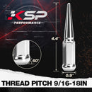 KSP chrome spike lug nut with 9/16-18 thread and 4.4-inch length, shown with seat angle and dimensions