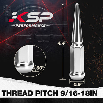 KSP chrome spike lug nut with 9/16-18 thread and 4.4-inch length, shown with seat angle and dimensions