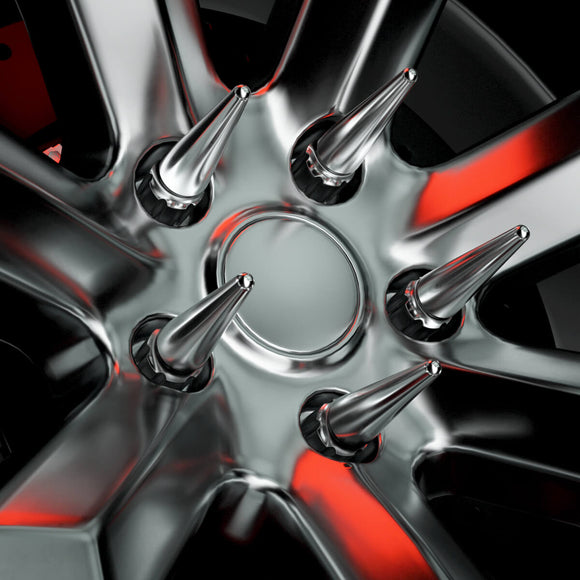 Close-up view of a custom black alloy wheel fitted with six chrome spike lug nuts, reflecting red highlights. The aggressive design showcases the sharp, pointed styling ideal for off-road or show vehicles