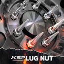 KSP chrome spike lug nuts installed on a wheel hub, showcasing a bold and aggressive look.