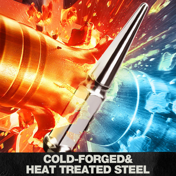 Chrome spike lug nut shown with explosive red and blue background, representing cold-forged and heat-treated steel strength.