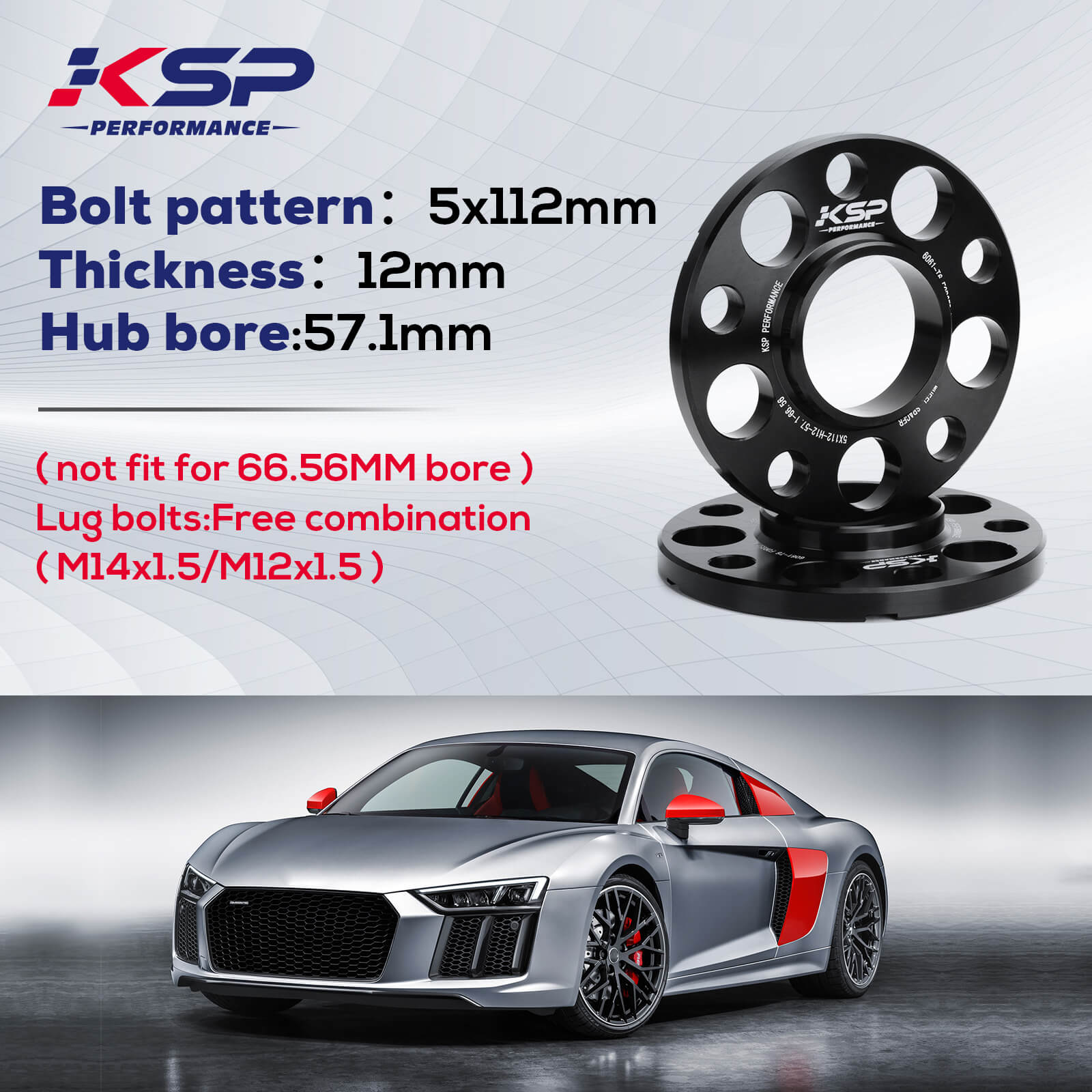 2 PC 57.1 to 66.56mm Wheel Spacers 5X112 Hubcentric 12mm for VW Audi - KSP performance 
