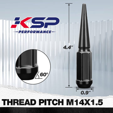 KSP Performance Spike Lug Nut with M14x1.5 Thread Pitch, 4.4 inch Length, 0.9 inch Diameter, 60 Degree Tape