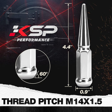 KSP Performance Spike Lug Nut with M14x1.5 Thread Pitch, 4.4 inch Length, 0.9 inch Diameter, 60 Degree Taper - Chrome
